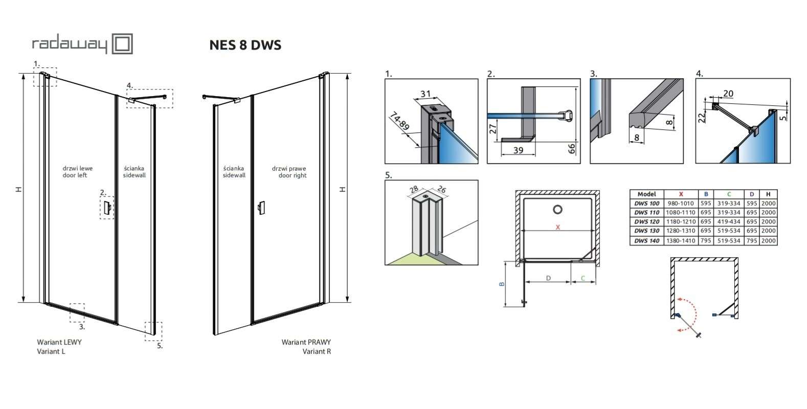 душевые ограждения RADAWAY Nes 8 DWS wall 508 Дополнительная стенка, прозрачное, фото 5