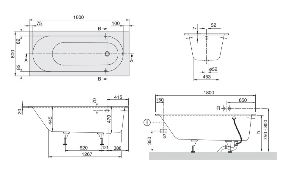 Villeroy & Boch VB OBERON Ванна с ножками 1800x800 мм, материал Quaryl®, белый, фото 5