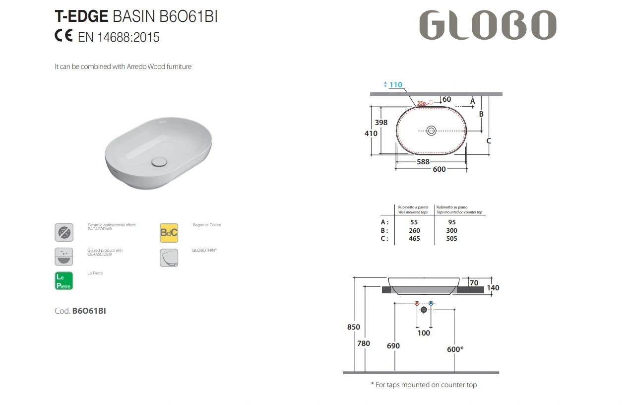 GLOBO T-EDGE Раковина на столешницу/полувстроенная 60х41хh14 см, bianco, фото 2