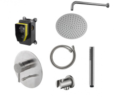 NOKEN PACK ROUND INOX Душевой комплект со смесителем и верхним душем Ø30 см, браш. нержавеющая сталь