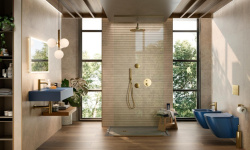 NOKEN PACK EYE Душевой комплект со смесителем, потолочной лейкой с хромотерапией, браш. золото мини 3 7