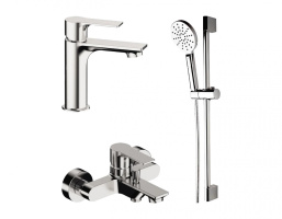 REMER ENERGY Комплект: смеситель для ванны с ручным душем и штангой, смеситель на раковину, chrome