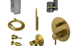 NOKEN PACK EYE Душевой комплект со смесителем, потолочной лейкой с хромотерапией, браш. золото мини 1